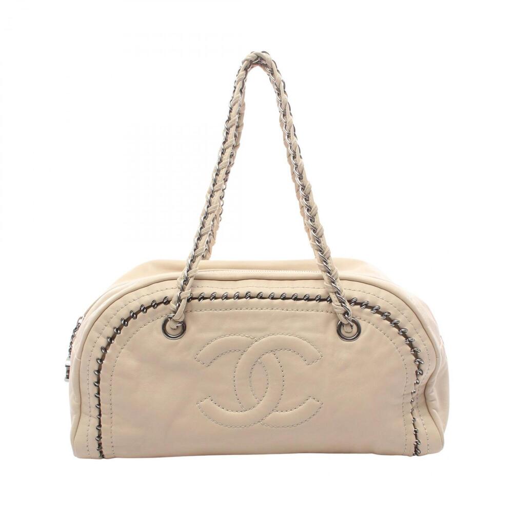 Chanel Coco Mark Mini Boston Shoulder Bag Handbag Leather Women's Beige